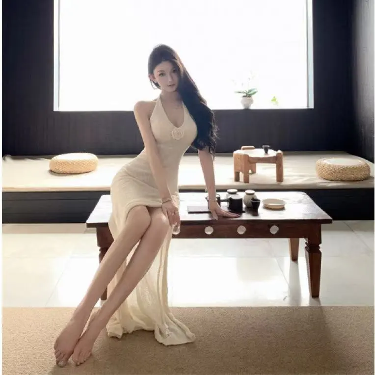 Sexy Backless Slit Strap Knit Dress For Women - Apricot