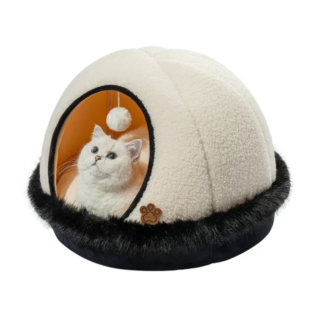 Creative Lamb Wool Winter Warm Semi enclosed Cat Bed Apricot - Shop at LoveMi