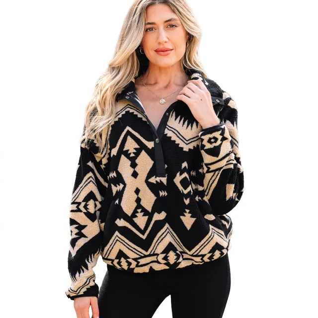 Beige Western Aztec Half Zip Plush Sweatshirt Black - Shop at LoveMi