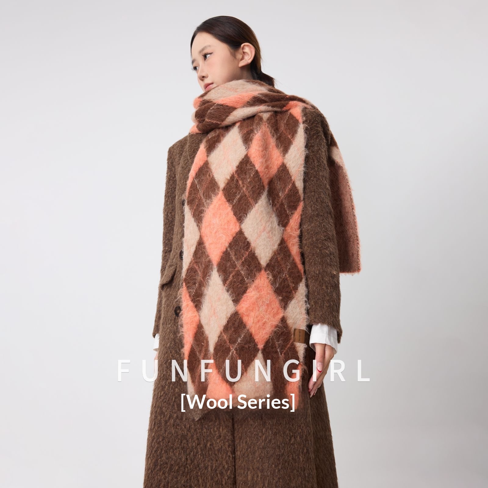 Diamond Pattern Retro Scarf With Wool Neck Warmer