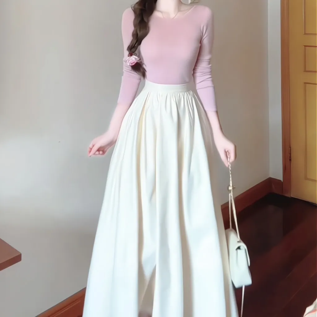 Women's Slim Fit Long Sleeve Top High Waist Skirt Set - Top