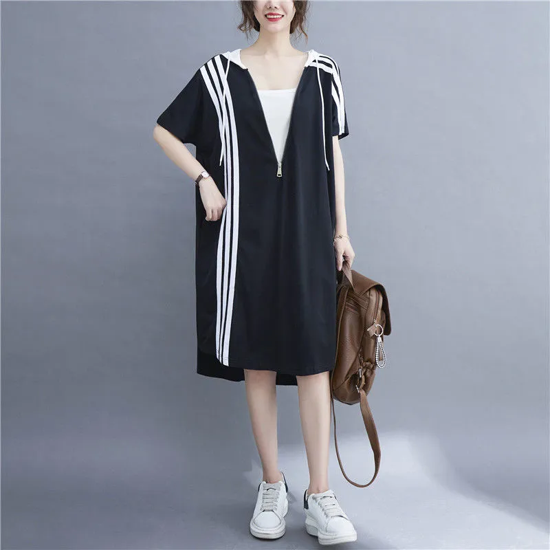 Women's Hooded Mid-length Loose Design High-end Fake Two-piece Dress - Black