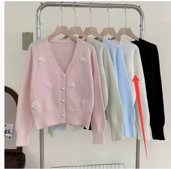 Korean style 3D Floral Beaded Knit Cardigan For Women Autumn White - Shop at LoveMi