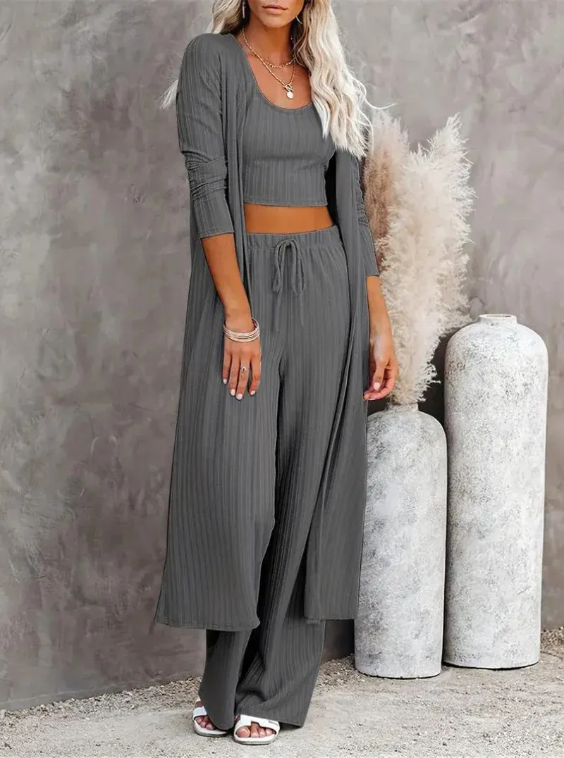 Plus Size Solid Colour Cardigan Knitwear With Vest And Casual Pants Three-piece Set - Grey