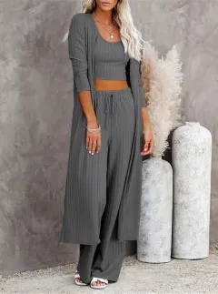 Plus Size Solid Colour Cardigan Knitwear With Vest And Casual Pants Three-piece Set - Grey - View 1