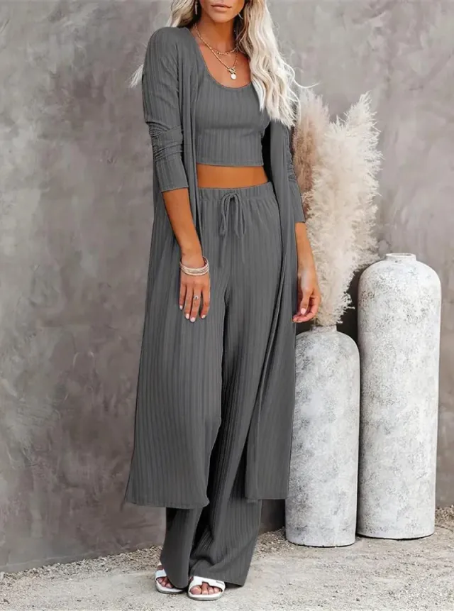Plus Size Solid Color Cardigan Knitwear With Vest And Casual Pants Three piece Set Gray - Shop at LoveMi