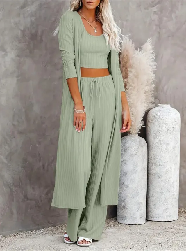 Plus Size Solid Color Cardigan Knitwear With Vest And Casual Pants Three piece Set Green - Shop at LoveMi