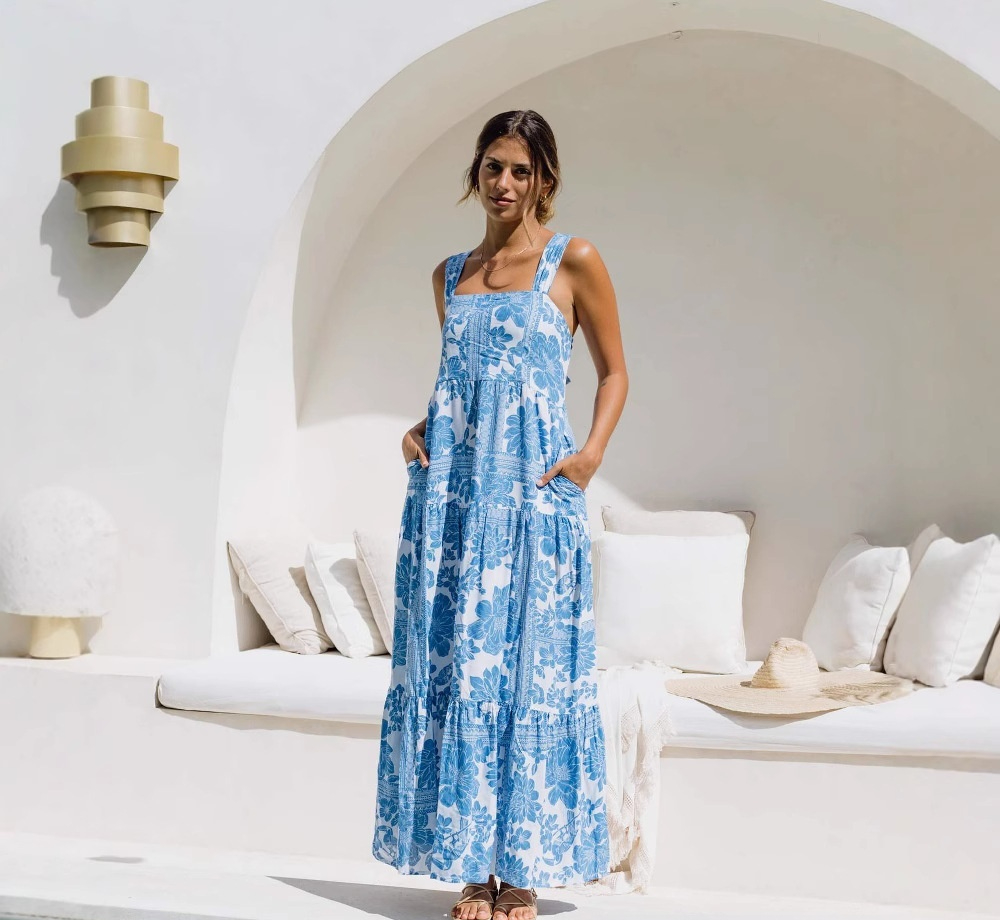 Fresh Print Tie waist Dress With Pockets And Flared Hem For Vacation Blue - Shop at LoveMi