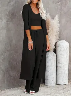 Plus Size Solid Color Cardigan Knitwear With Vest And Casual Pants Three-piece Set - Black - View 1