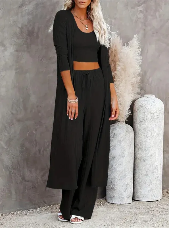 Plus Size Solid Color Cardigan Knitwear With Vest And Casual Pants Three piece Set Black - Shop at LoveMi