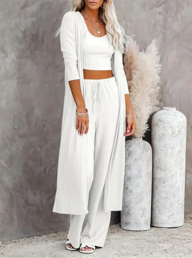 Plus Size Solid Color Cardigan Knitwear With Vest And Casual Pants Three piece Set White - Shop at LoveMi