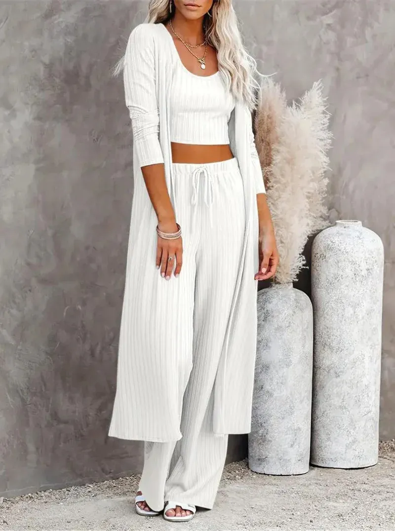 Plus Size Solid Color Cardigan Knitwear With Vest And Casual Pants Three-piece Set - White