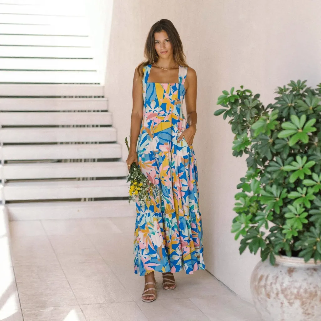 Fresh Print Tie-waist Dress With Pockets And Flared Hem For Vacation - Color