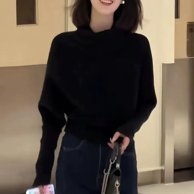 French Semi high Neck Women's Thick Lazy Style Inner Wear Knitted Sweater Black - Shop at LoveMi