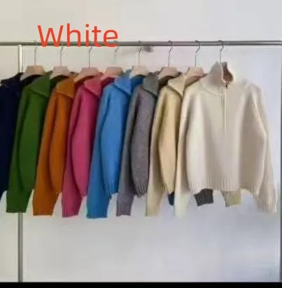 Women's Half Turtleneck Sweet Youthful Loose Half zip Sweater White - Shop at LoveMi