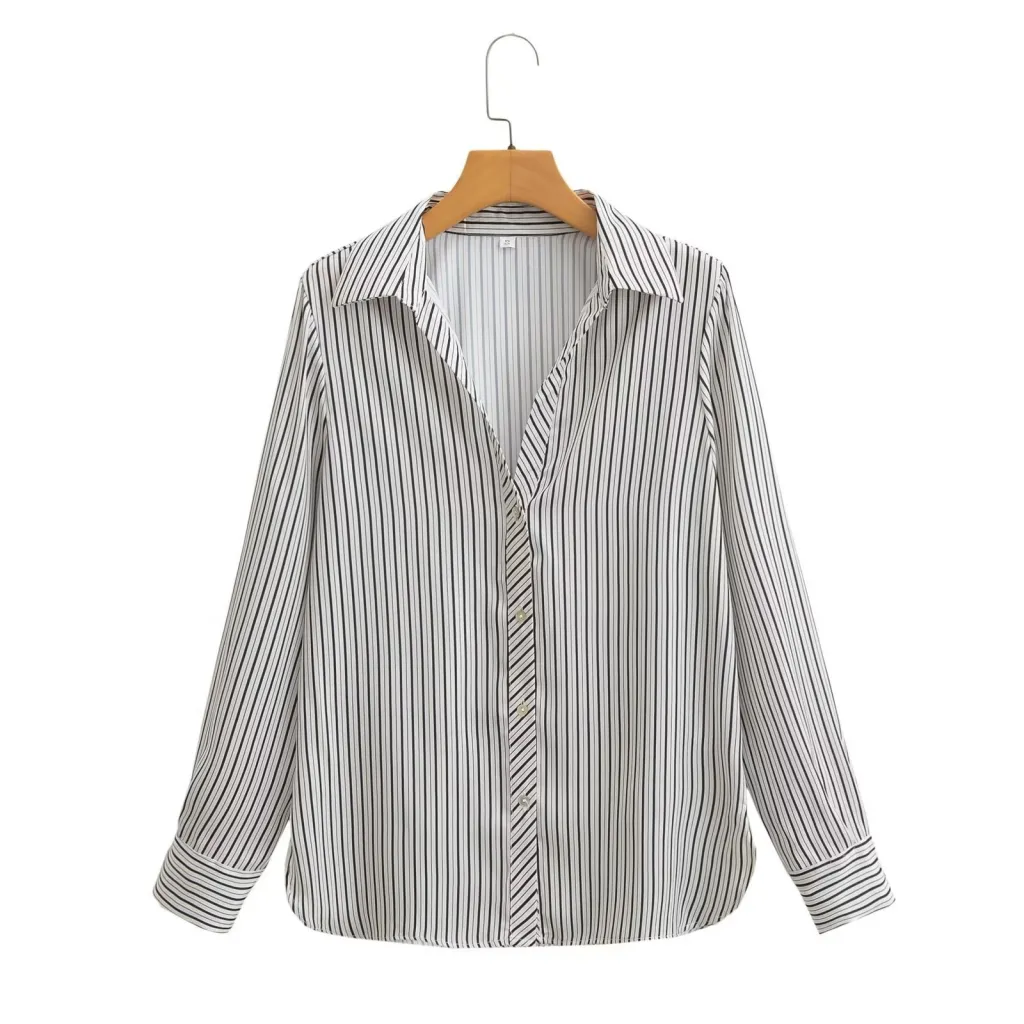 European And American Women's Fashion Lapel Long-sleeve Striped Shirt