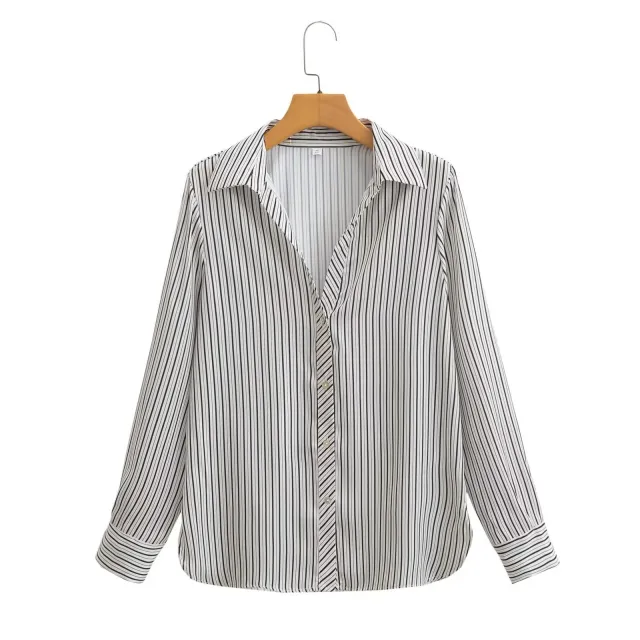 European And American Women's Fashion Lapel Long sleeve Striped Shirt - Shop at LoveMi