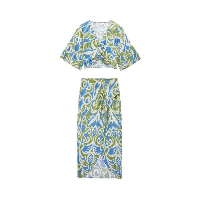 Women's Knotted Shirt Top Printed Wrap Midi Skirt Set Suit - Shop at LoveMi