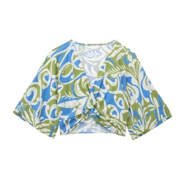 Women's Knotted Shirt Top Printed Wrap Midi Skirt Set Shirt - Shop at LoveMi