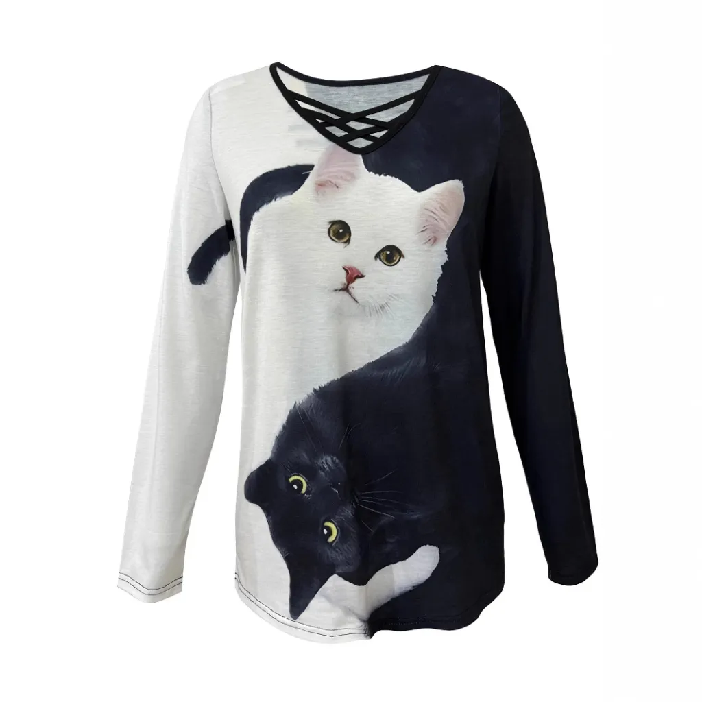 Fashion Slim-fit Printed Cat Women's T-shirt - Black