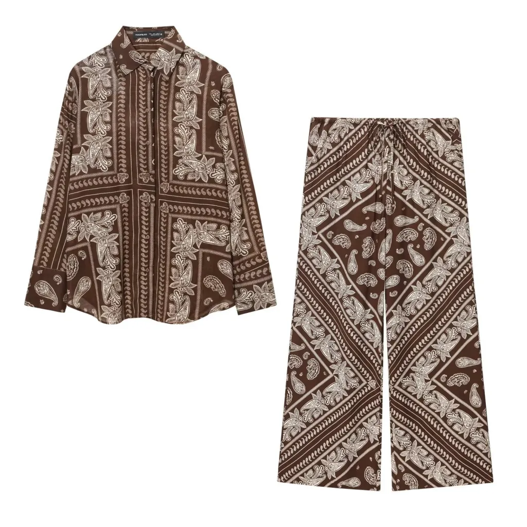 Straight Loose Printed Casual Shirt With Mid-waist Floor-length Wide-leg Pants - Suit-L