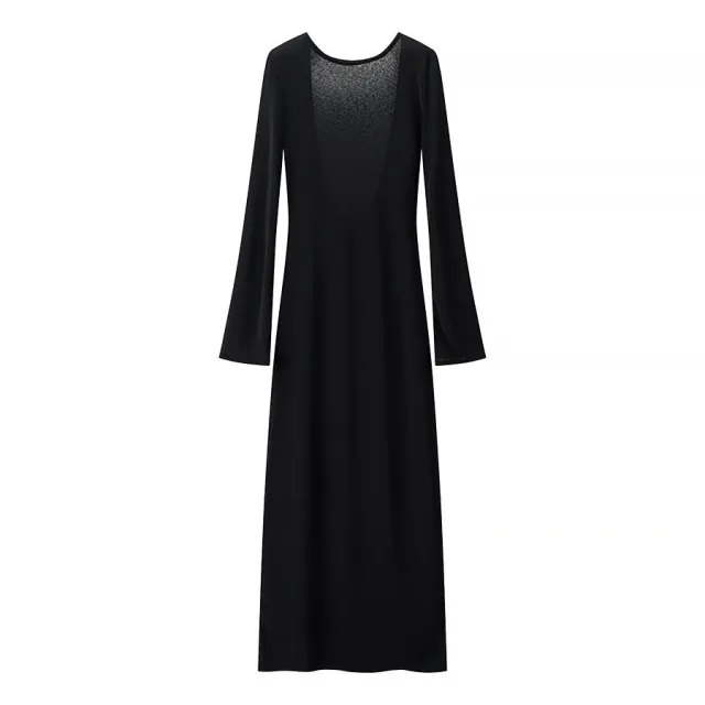 Women's Solid Color Backless Round Neck Long Sleeve Dress Black - Shop at LoveMi