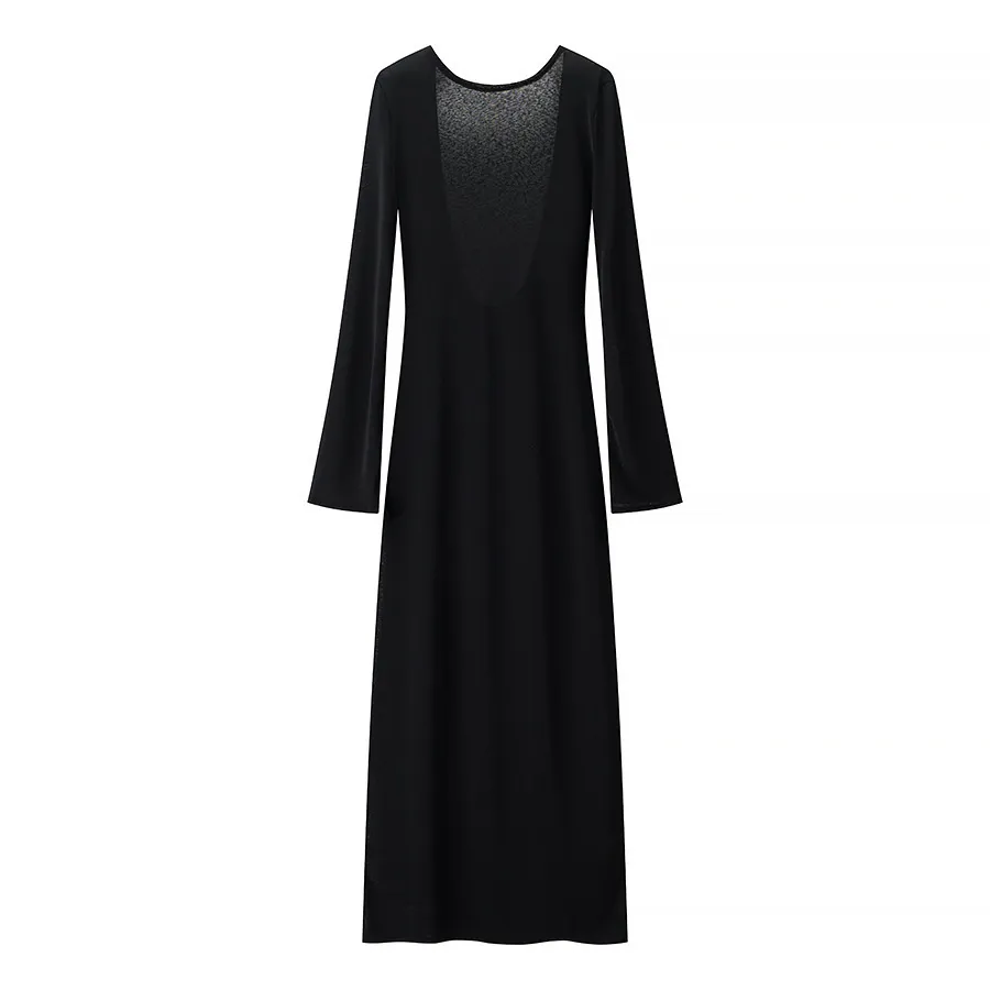 Women's Solid Color Backless Round Neck Long Sleeve Dress - Black