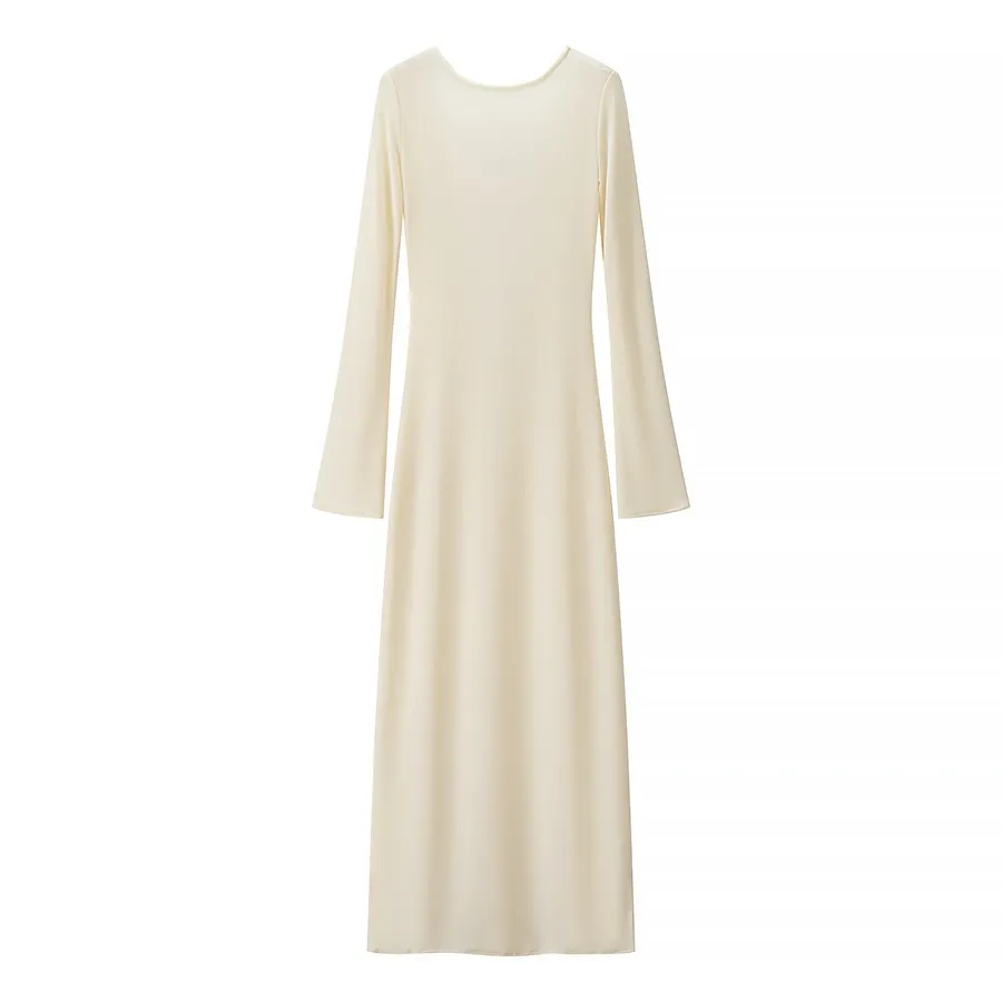 Women's Solid Color Backless Round Neck Long Sleeve Dress - Apricot