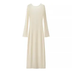 Women's Solid Colour Backless Round Neck Long Sleeve Dress - Apricot - View 1