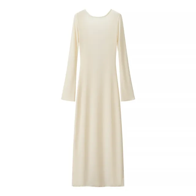 Women's Solid Color Backless Round Neck Long Sleeve Dress Apricot - Shop at LoveMi