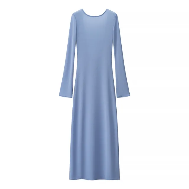 Women's Solid Color Backless Round Neck Long Sleeve Dress Blue - Shop at LoveMi
