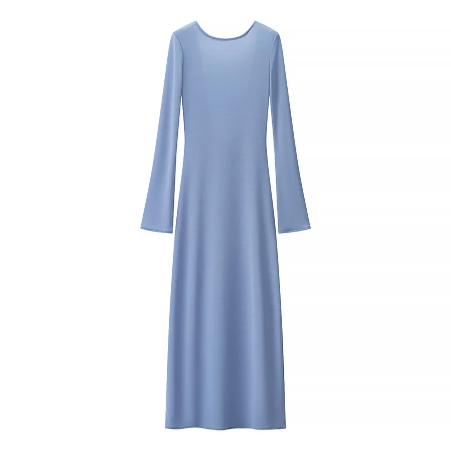 Women's Solid Colour Backless Round Neck Long Sleeve Dress - Blue