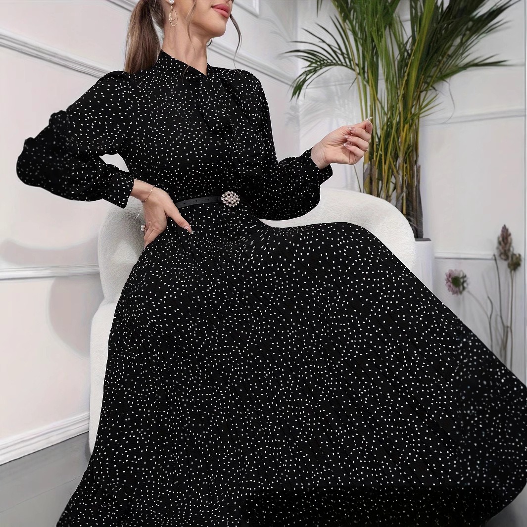 Full Polka Dot Print Women's Long Sleeve Pleated Dress Black - Shop at LoveMi