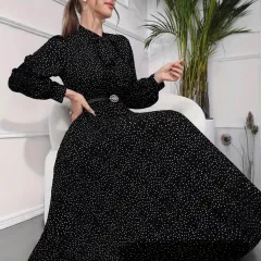Full Polka Dot Print Women's Long Sleeve Pleated Dress - Black - View 1