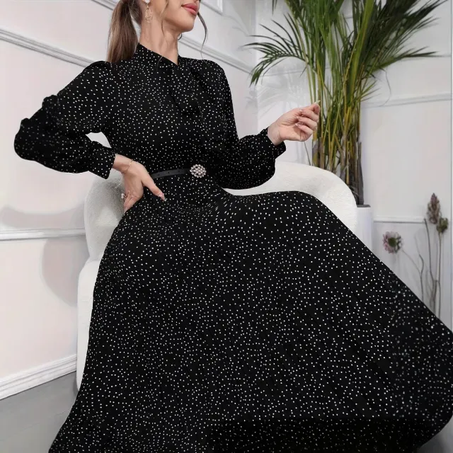 Full Polka Dot Print Women's Long Sleeve Pleated Dress Black - Shop at LoveMi