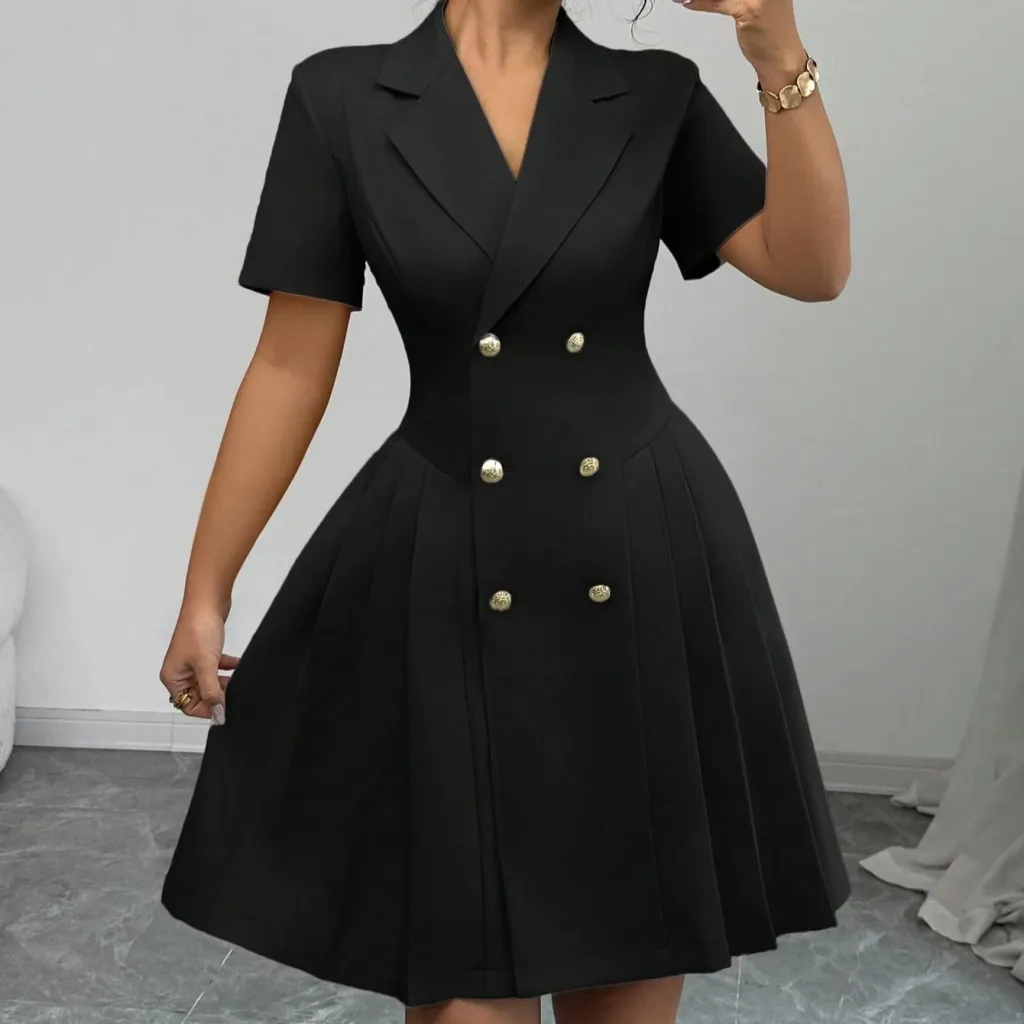 Solid Color Short-sleeved Waist-cinching Double-breasted Dress For Women - Black
