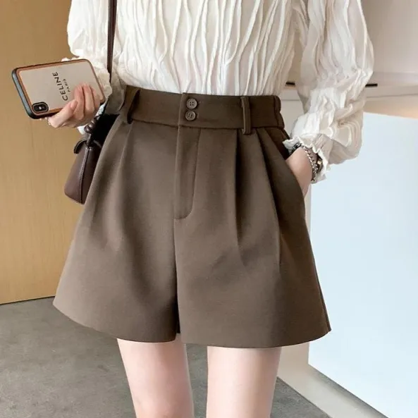 High waisted Slimming A line Versatile Quarter length Wide leg Base Pants Khaki - Shop at LoveMi
