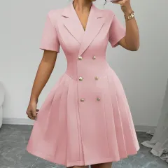 Solid Colour Short-sleeved Waist-cinching Double-breasted Dress For Women - Pink - View 1