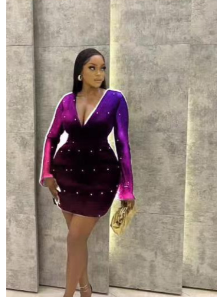 Low cut Sexy Figure hugging Mesh Sleeve Long Sleeve Dress Purple - Shop at LoveMi