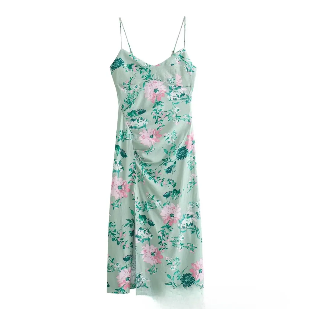 Linen Blend Floral Print Strapless Dress - Green