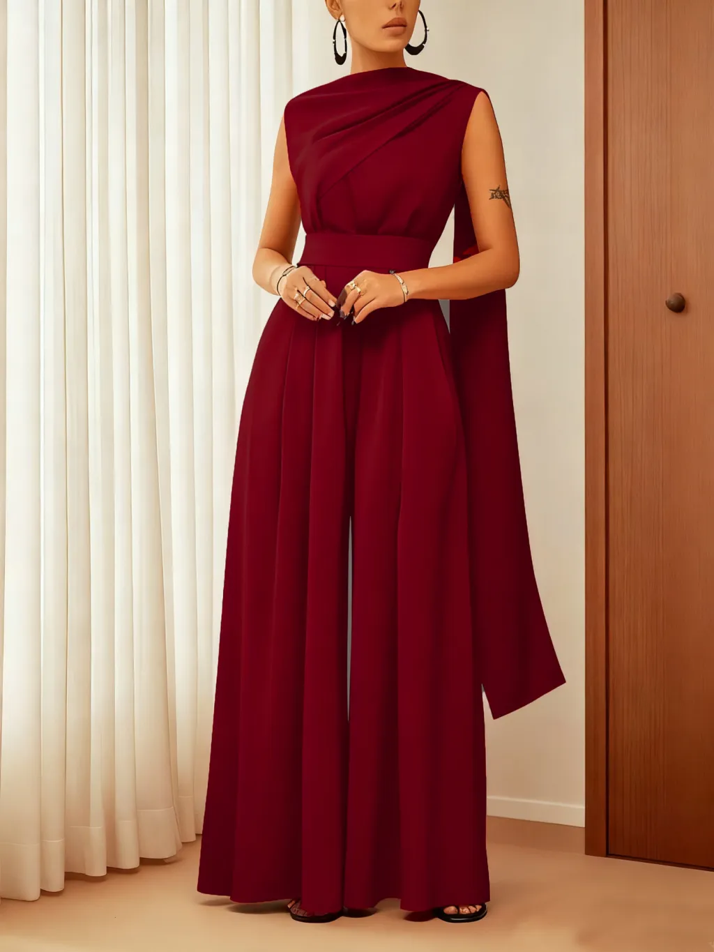 Women's Solid Color Slim-fit Jumpsuit Loose Casual Pants - Red