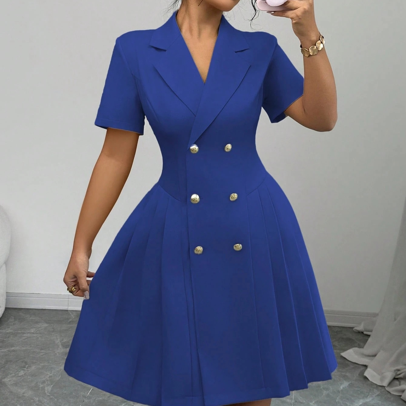 Solid Color Short sleeved Waist cinching Double breasted Dress For Women Blue - Shop at LoveMi