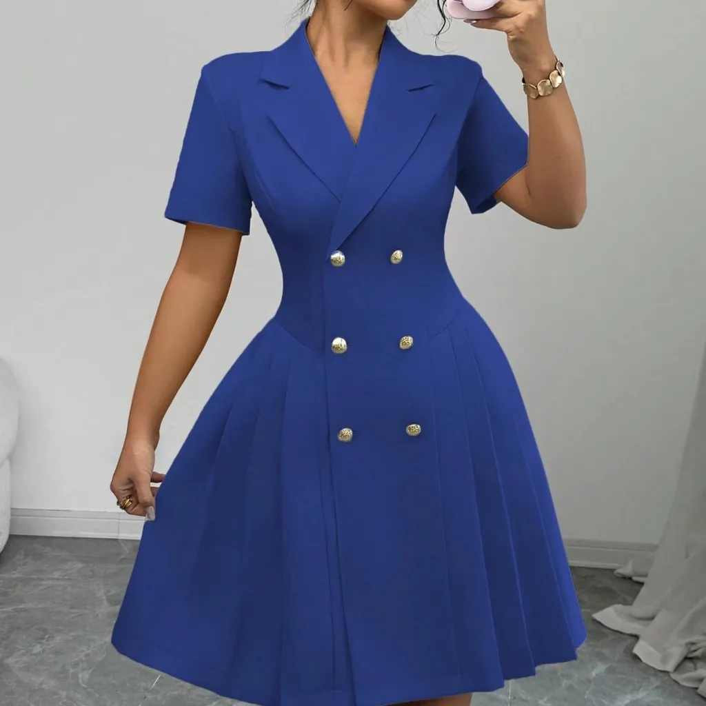 Solid Color Short-sleeved Waist-cinching Double-breasted Dress For Women - Blue