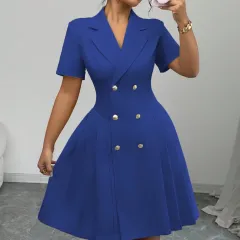 Solid Colour Short-sleeved Waist-cinching Double-breasted Dress For Women - Blue - View 1