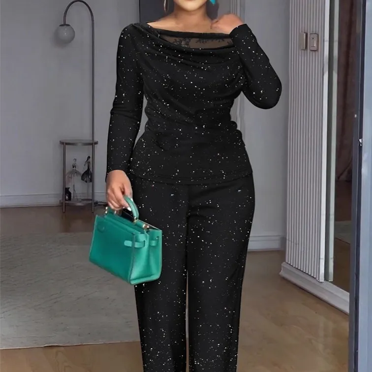 Lace Patchwork Long-sleeved Top With Wide-leg Pants Casual Two-piece Set - Black