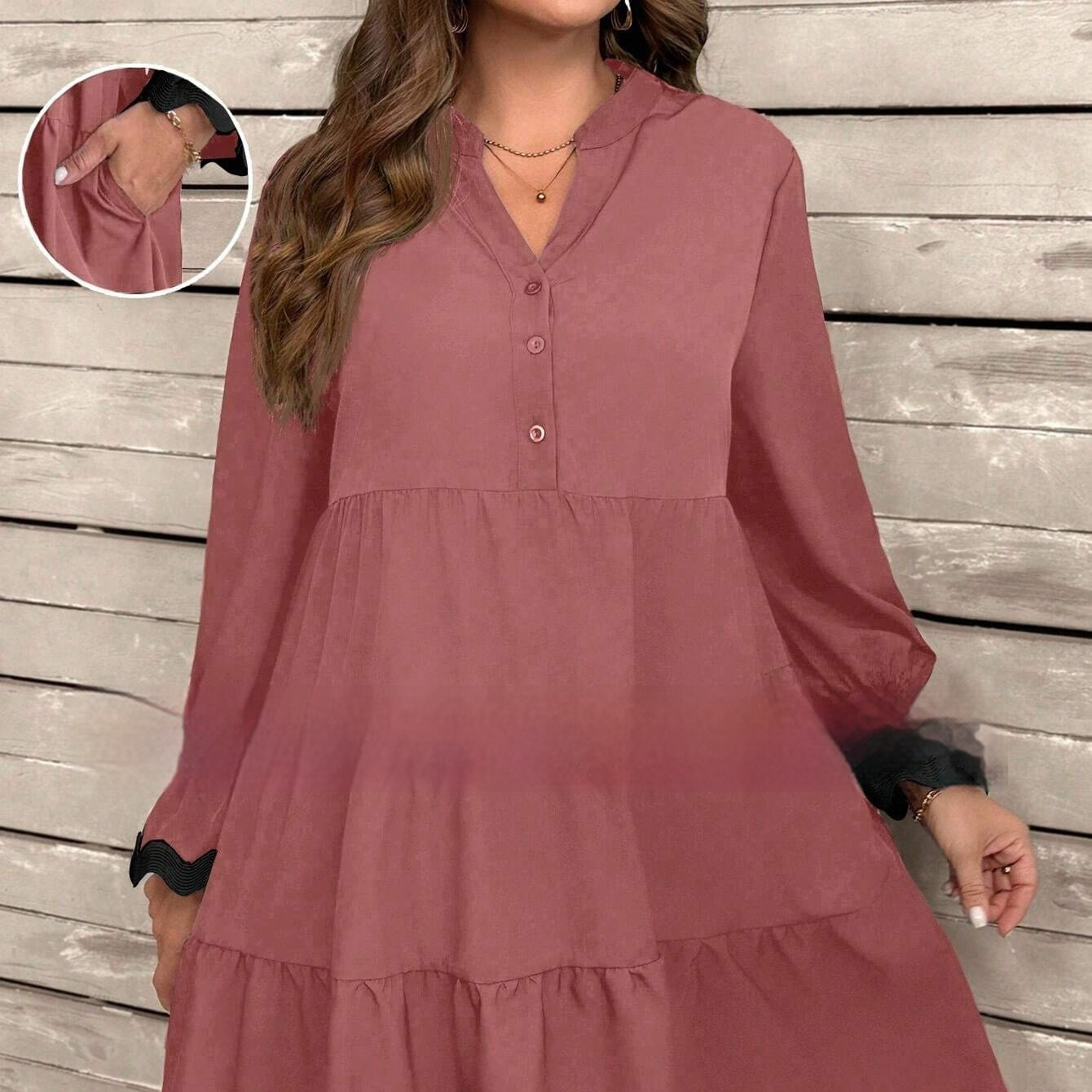 Women's Solid Color V neck Spliced Long Sleeve Loose Midi Dress Watermelon Red - Shop at LoveMi