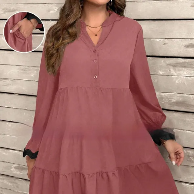 Women's Solid Color V neck Spliced Long Sleeve Loose Midi Dress Watermelon Red - Shop at LoveMi