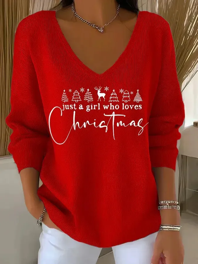 3D Printed Women's Fashionable Christmas V-neck Long Sleeve T-shirt - Sx6798 Style