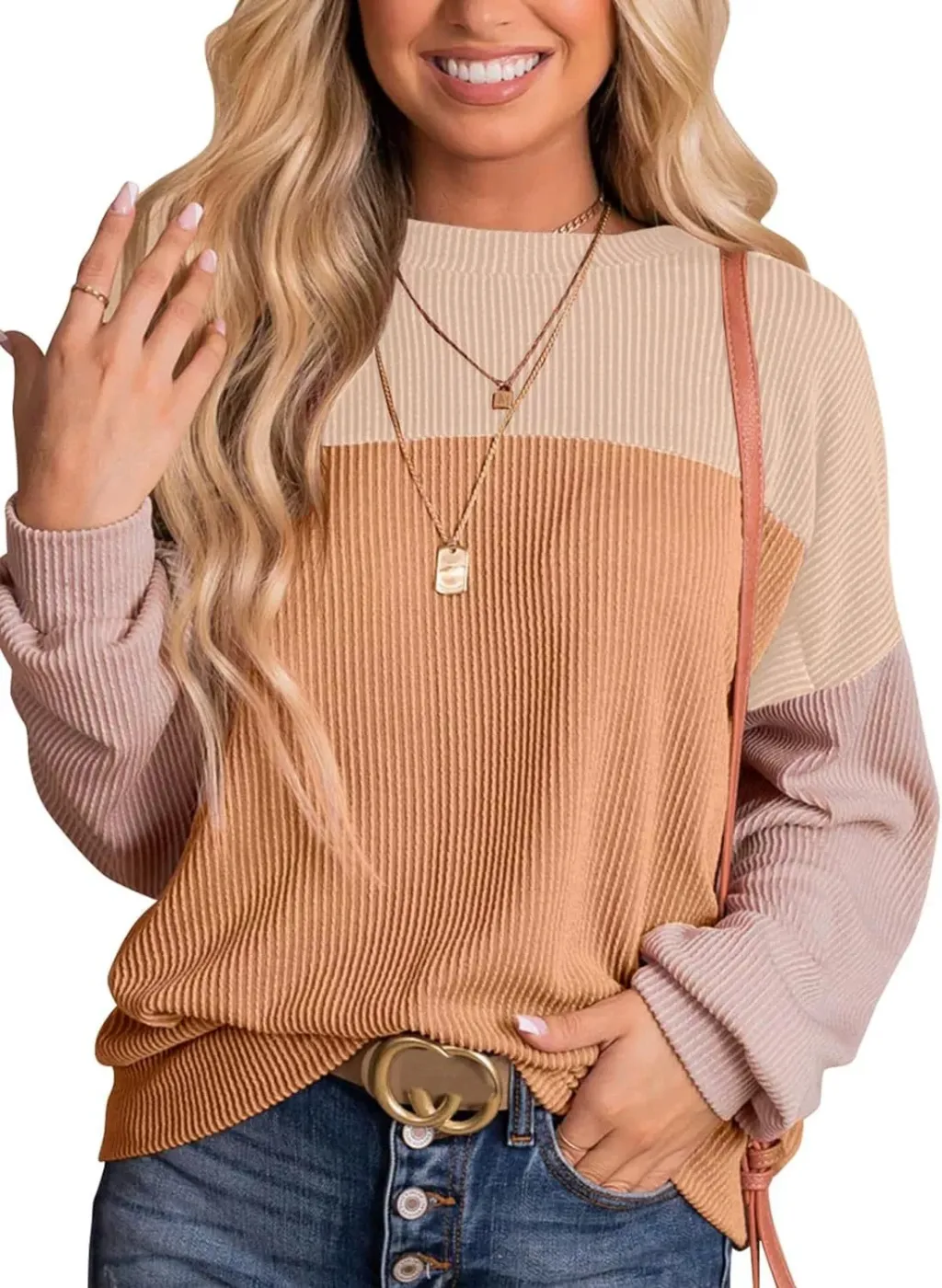 Women's Color Blocking Round Neck Long Sleeved Hoodie - Light Khaki