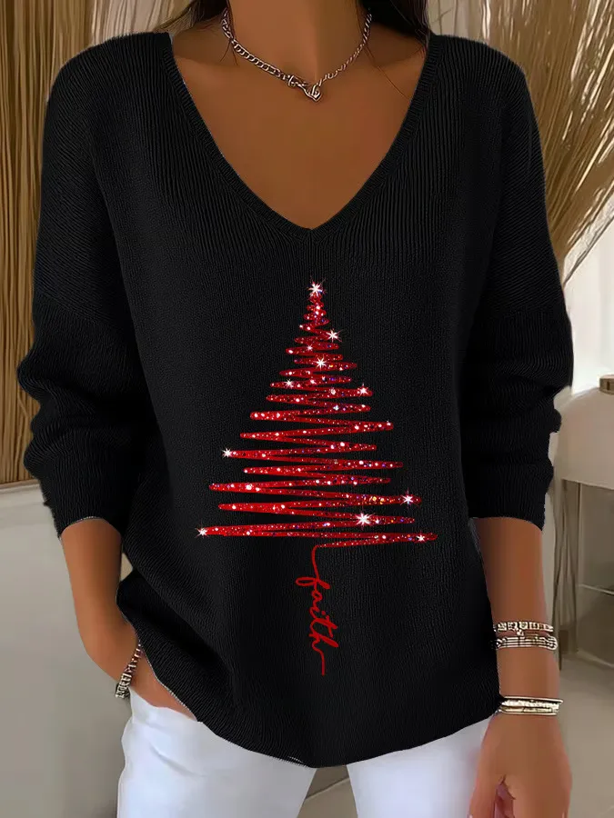 3D Printed Women's Fashionable Christmas V-neck Long Sleeve T-shirt - Sx6631 Style-5Xl